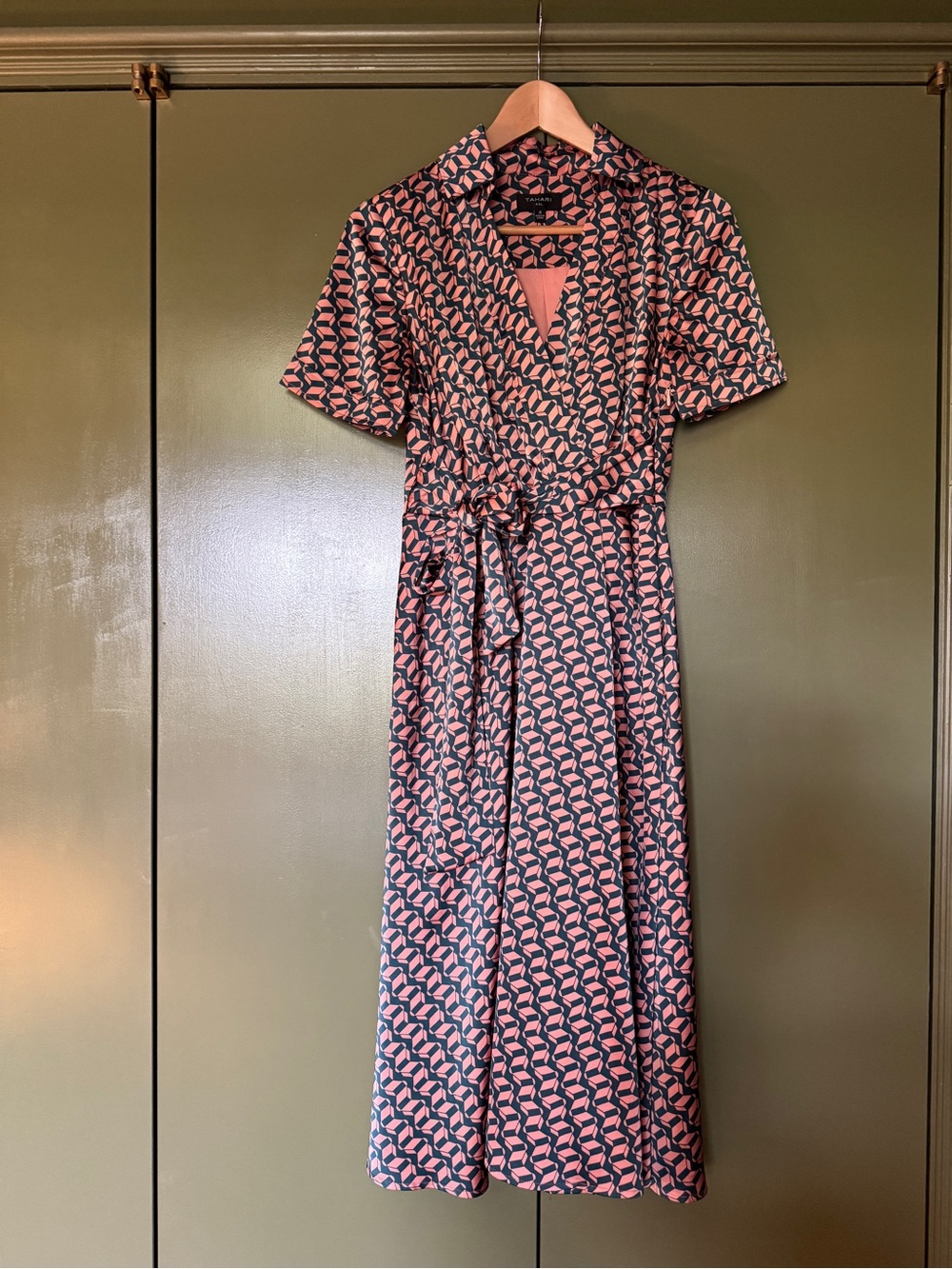 Tahari ASL Pink and Navy Geometric Midi Wrap Dress